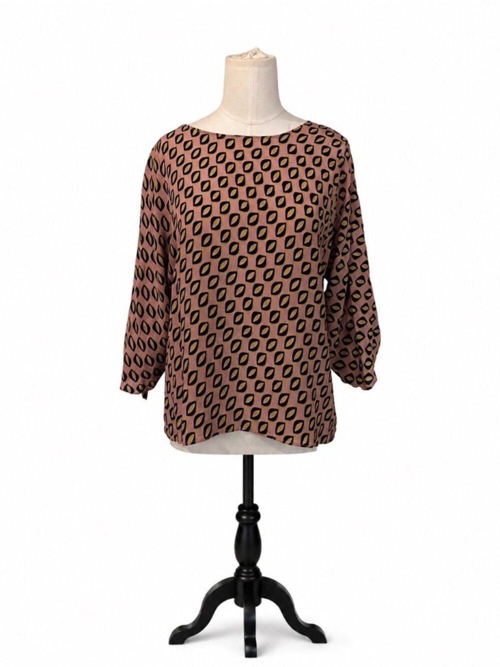Weekend Max Mara 100% Silk Geometric Print Blouse Designer Pink Balloon Sleeve